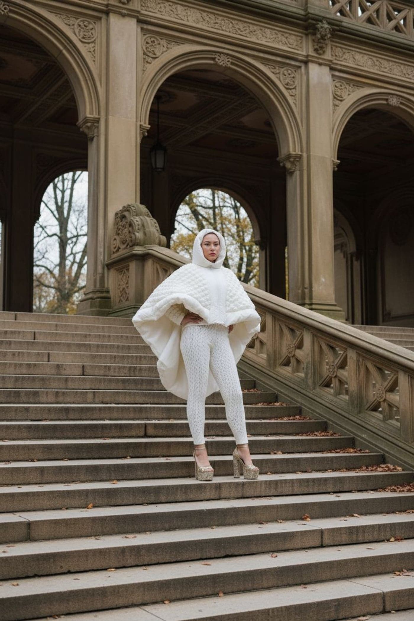 A white hooded capelet and cable-knit leggings, on the arcade steps at Bethesda Terrace.