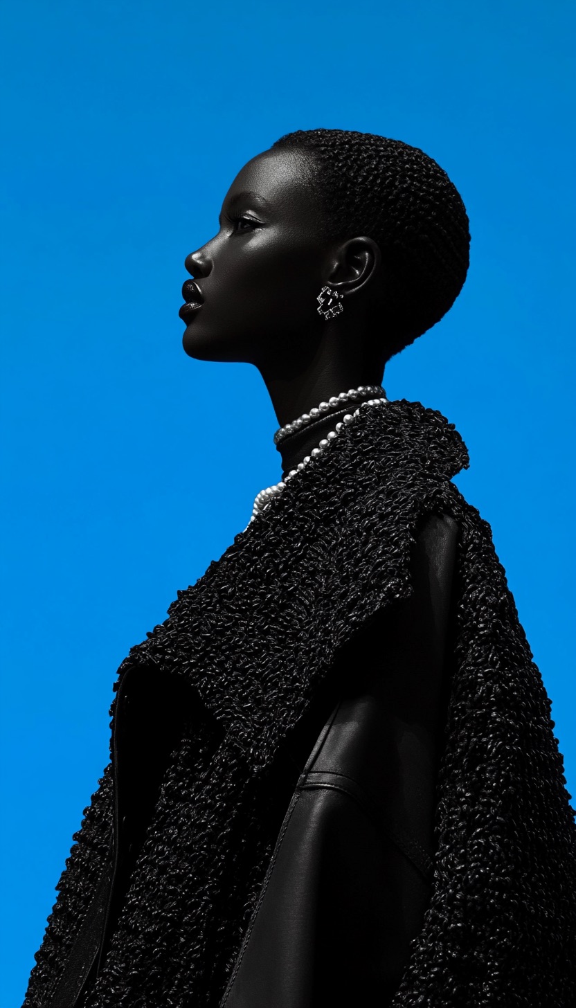Black textured fashion look with a strand of pearls