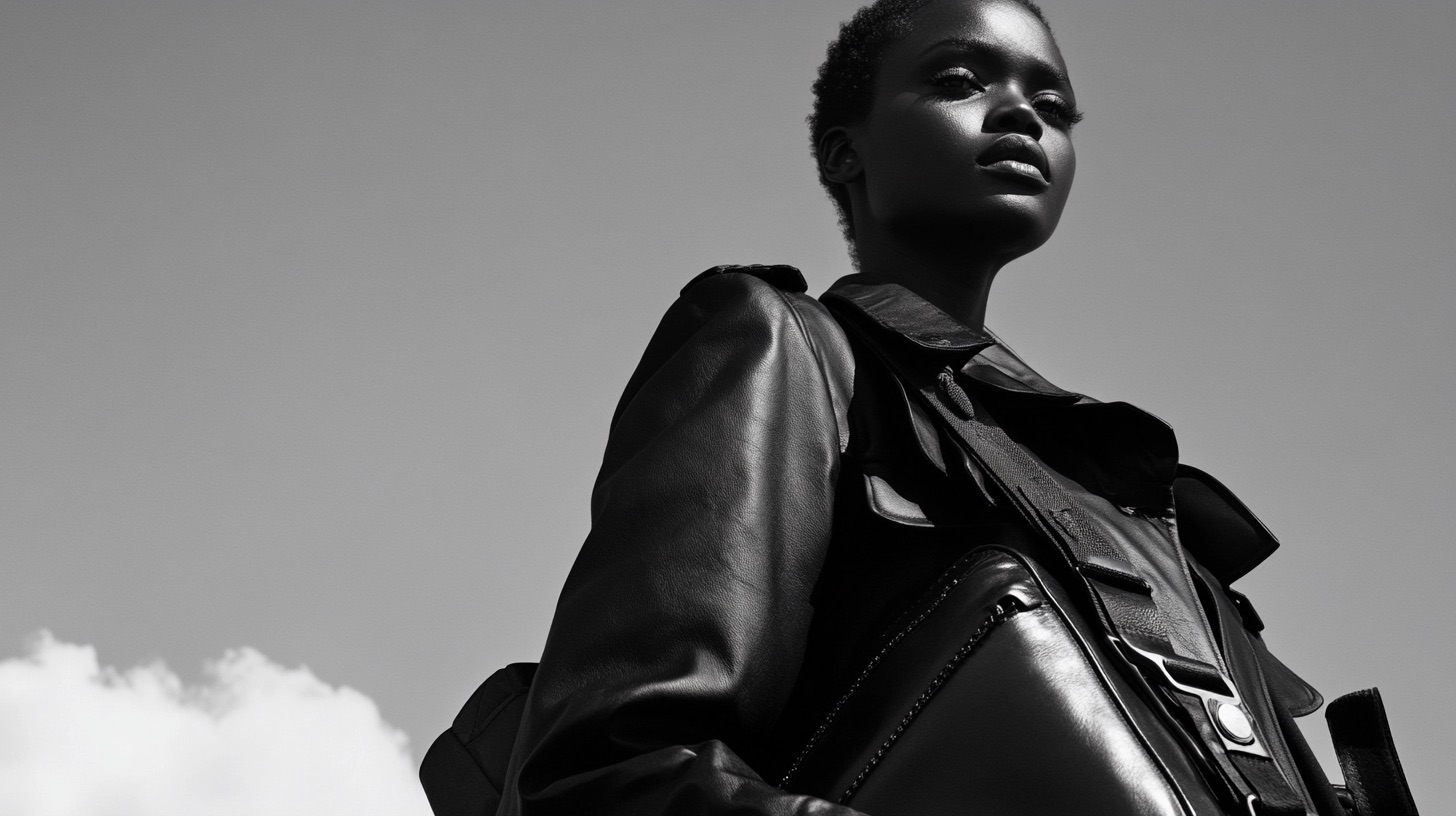 Black sculptural coat in a high-contrast fashion portrait